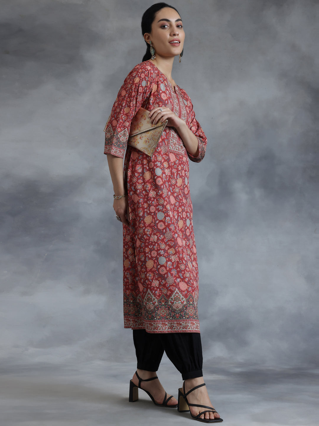 Rust Printed Crepe Straight Kurta