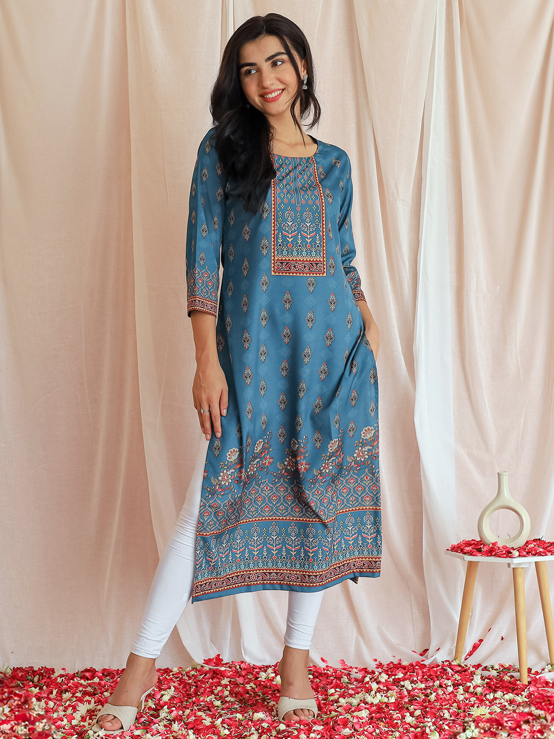 Blue Printed Crepe Straight Kurta