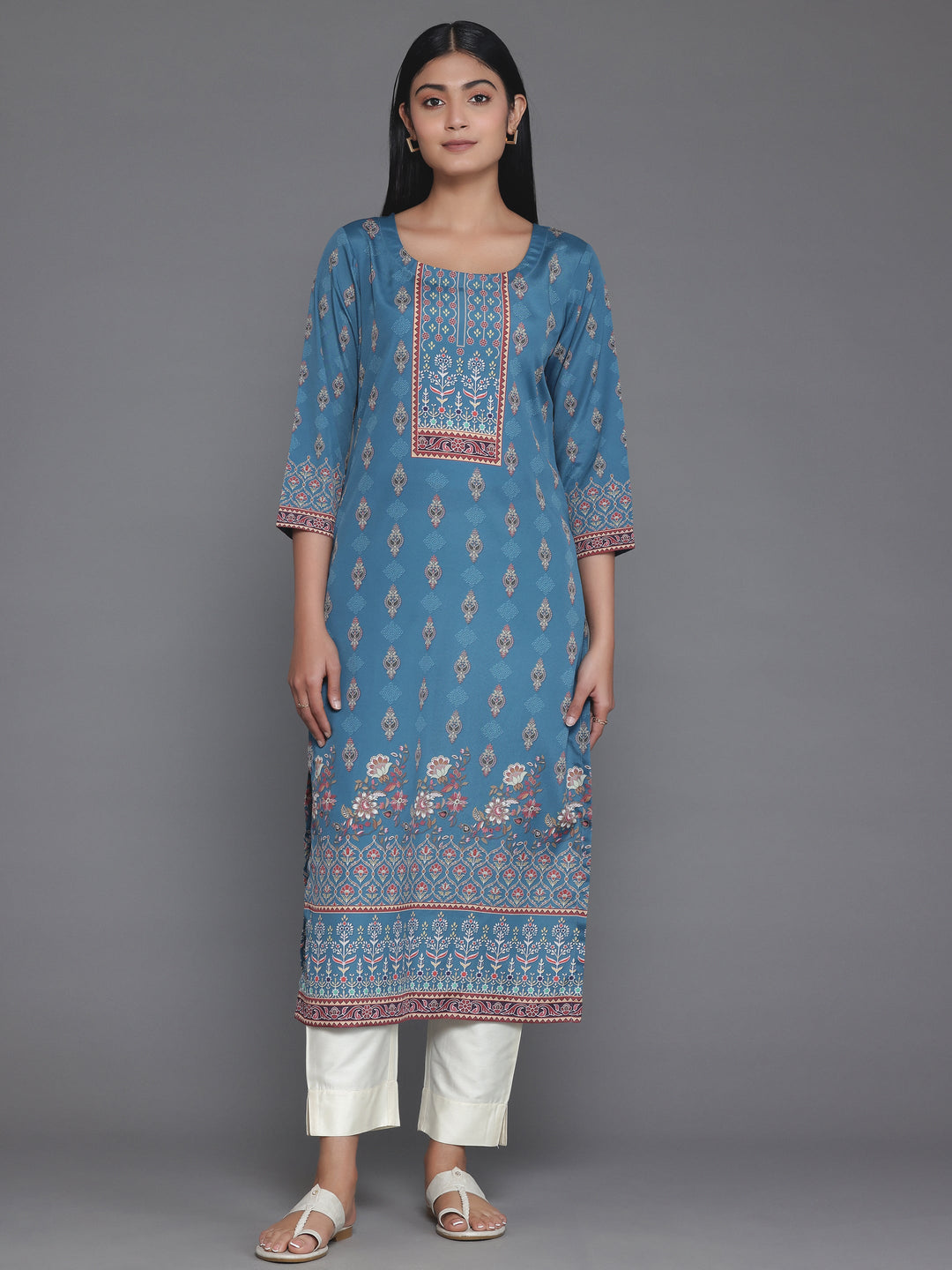 Blue Printed Crepe Straight Kurta