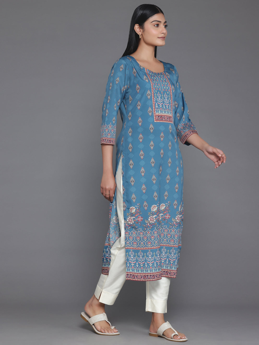 Blue Printed Crepe Straight Kurta