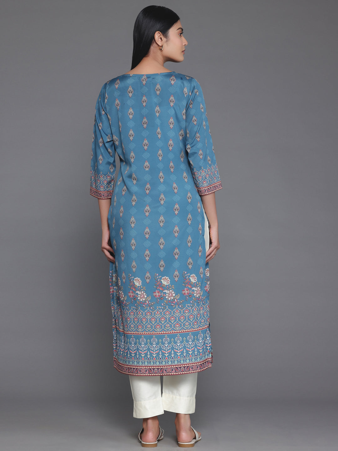 Blue Printed Crepe Straight Kurta