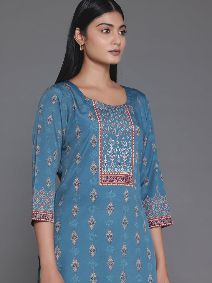 Blue Printed Crepe Straight Kurta