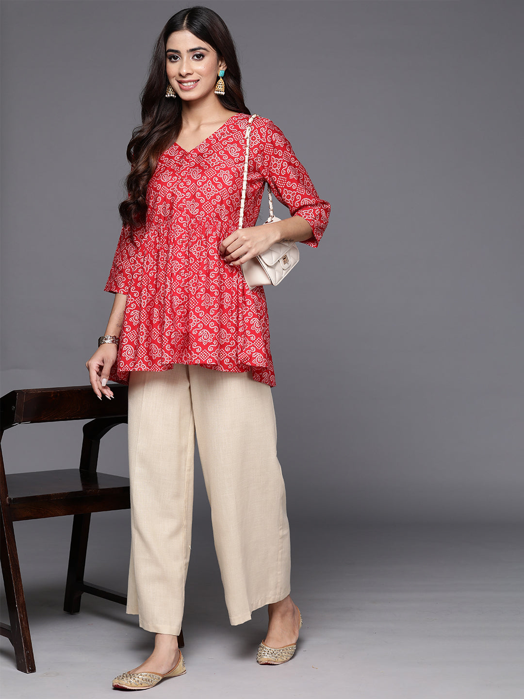 Red Printed Silk Blend A-Line Kurti