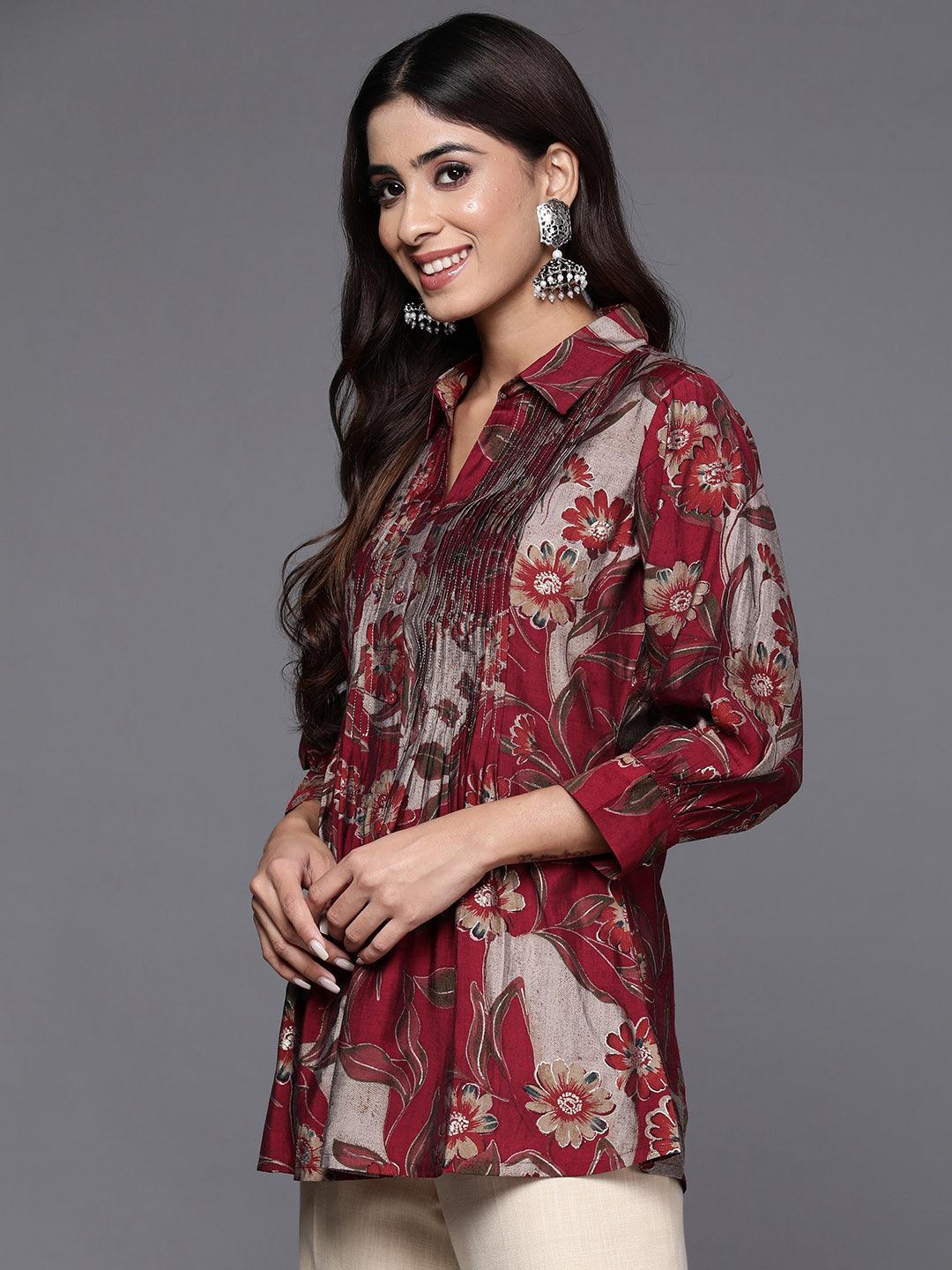 Maroon Printed Silk Blend A-Line Kurti - ShopLibas