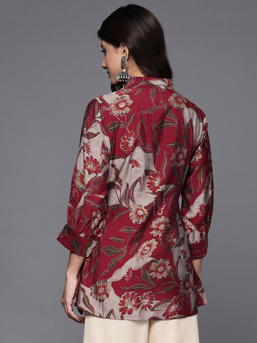 Maroon Printed Silk Blend A-Line Kurti - ShopLibas