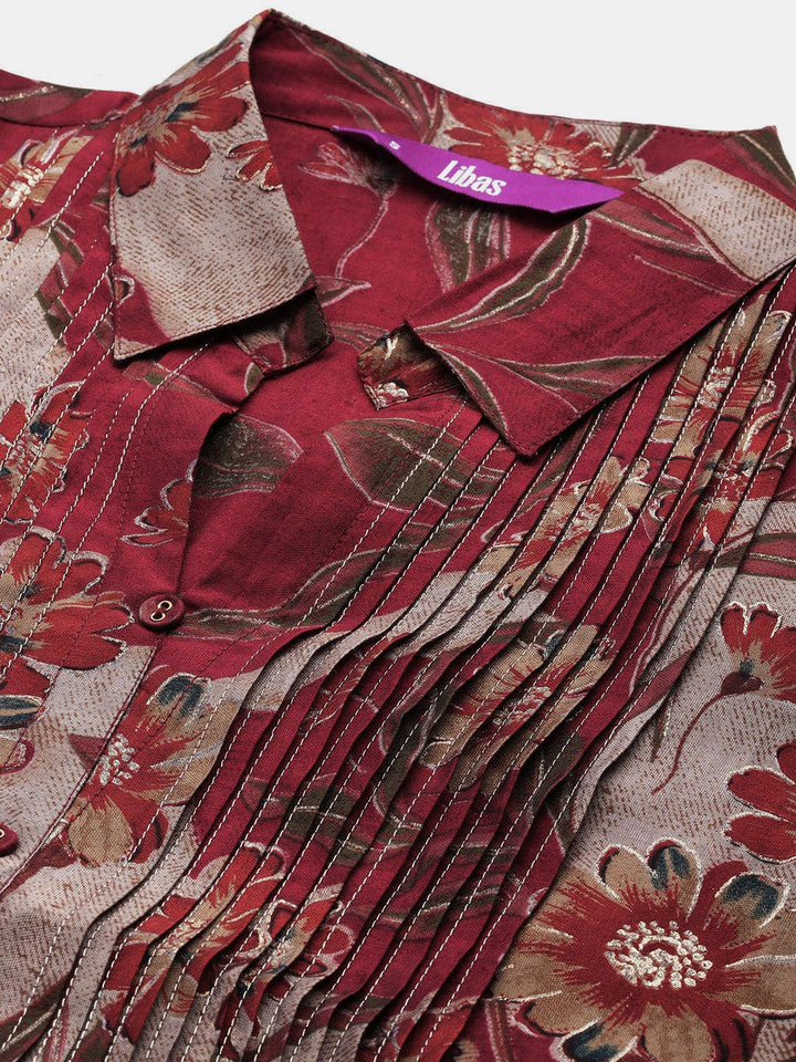 Maroon Printed Silk Blend A-Line Kurti