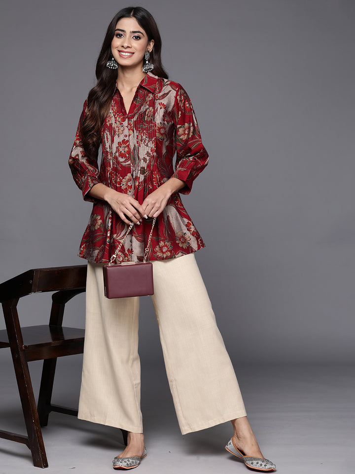 Maroon Printed Silk Blend A-Line Kurti