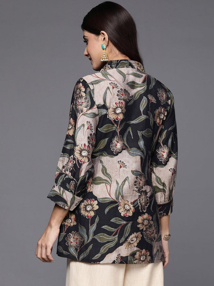 Black Printed Silk Blend A-Line Kurti