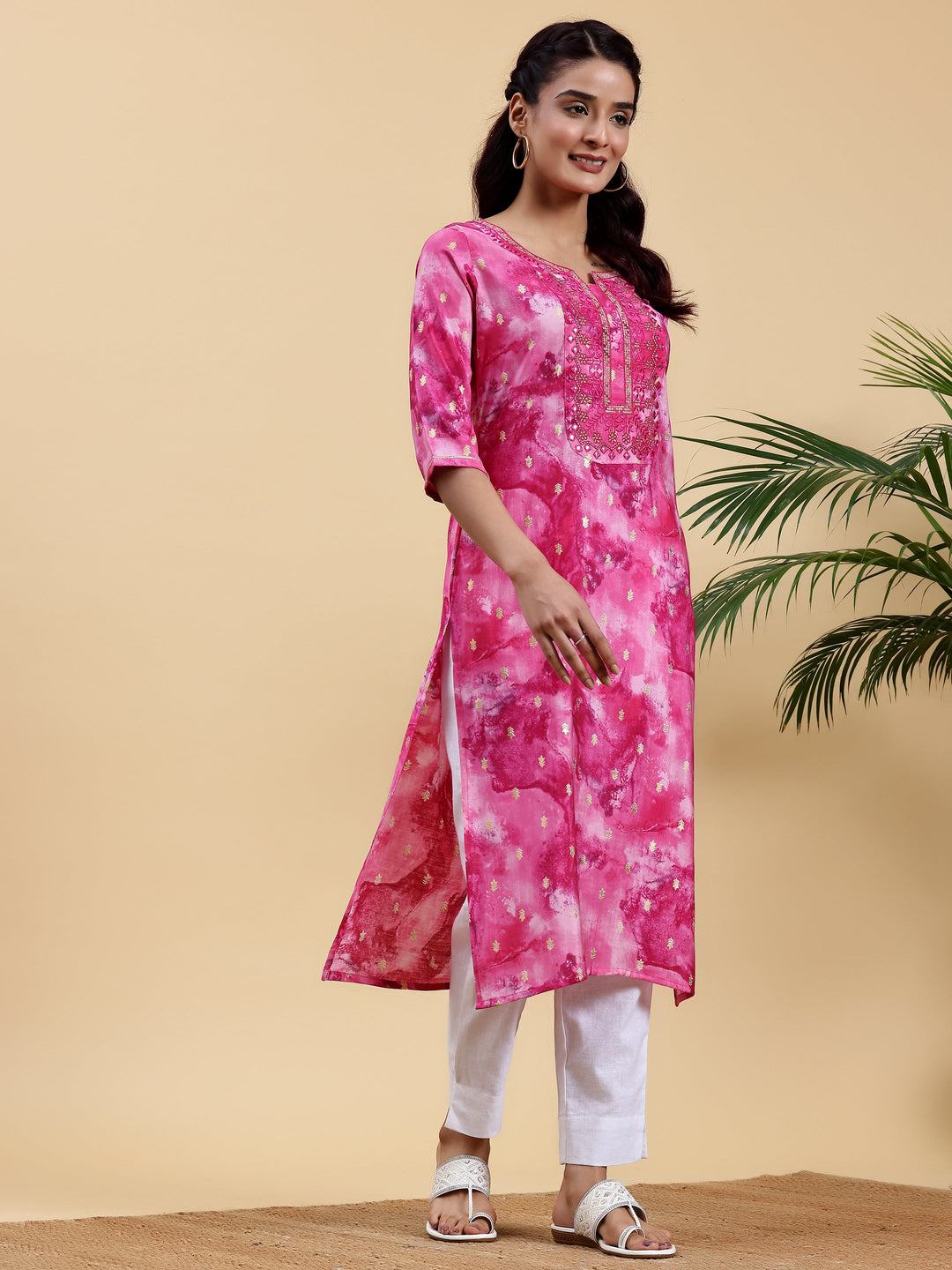 Pink Yoke Design Silk Straight Kurta