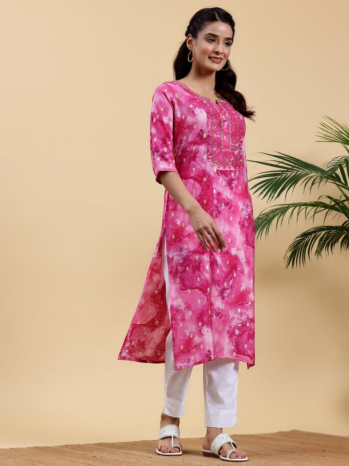 Pink Yoke Design Silk Straight Kurta