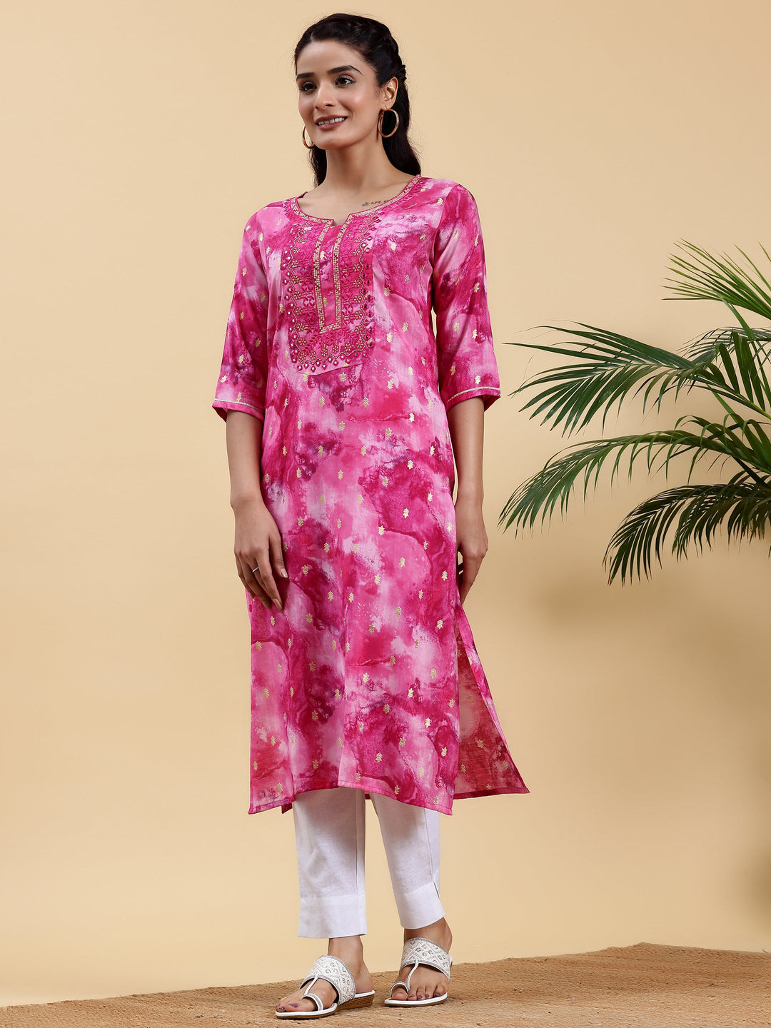 Pink Yoke Design Silk Straight Kurta