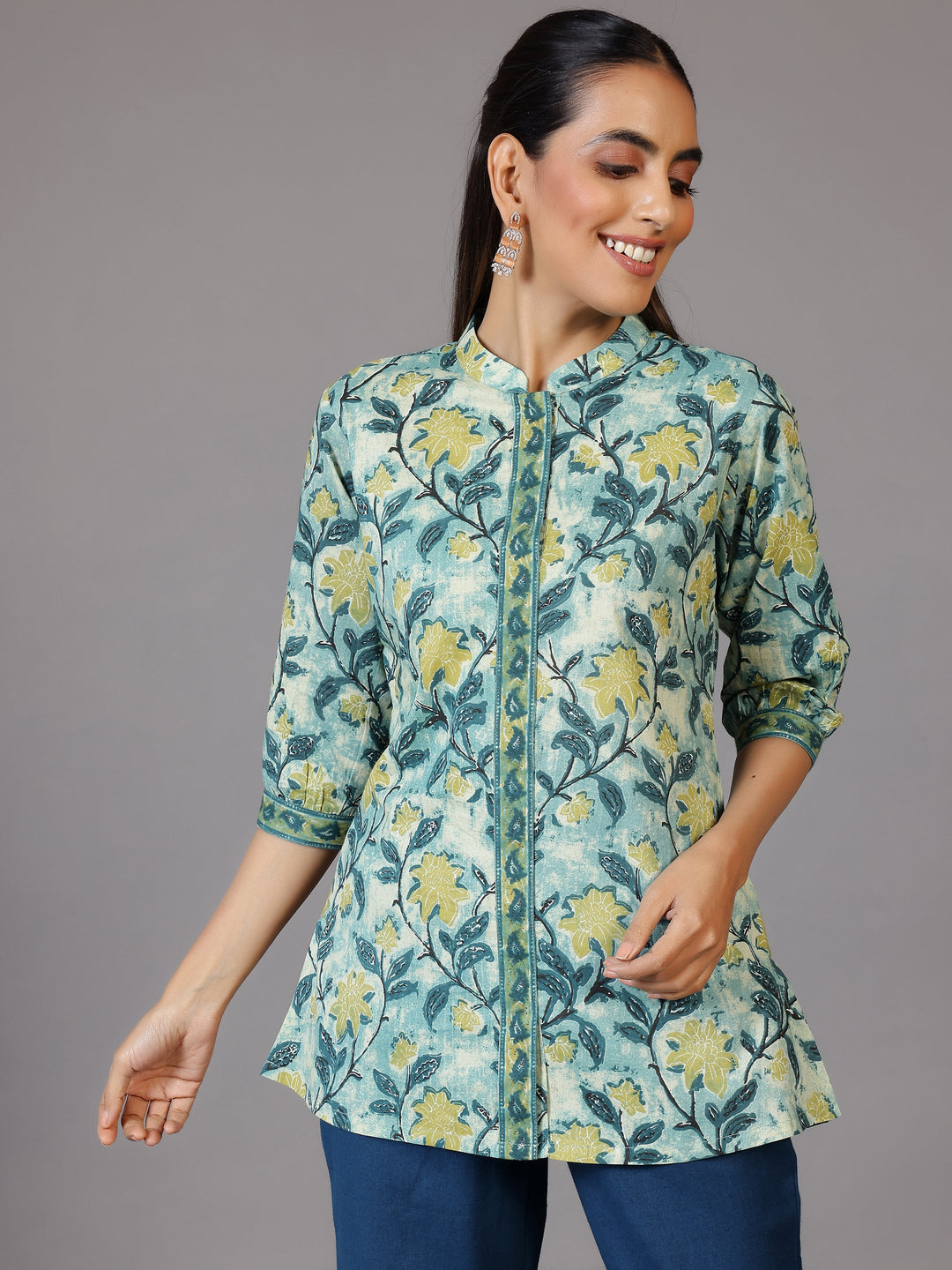 Green Printed Cotton Straight Kurti