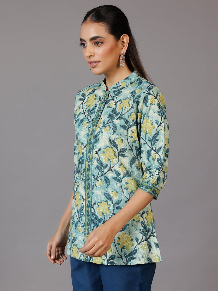 Green Printed Cotton Straight Kurti