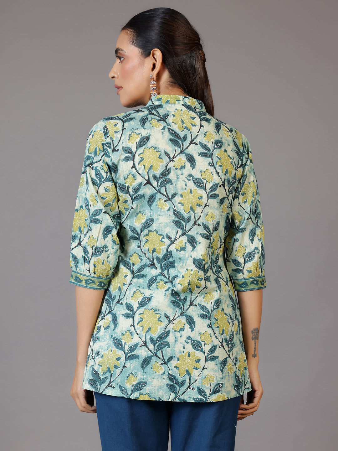 Green Printed Cotton Straight Kurti