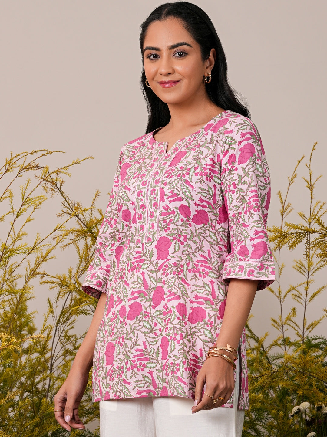 Pink Printed Cotton Straight Kurti - ShopLibas