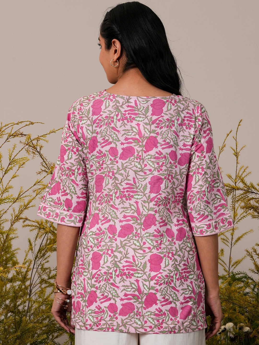 Pink Printed Cotton Straight Kurti - ShopLibas
