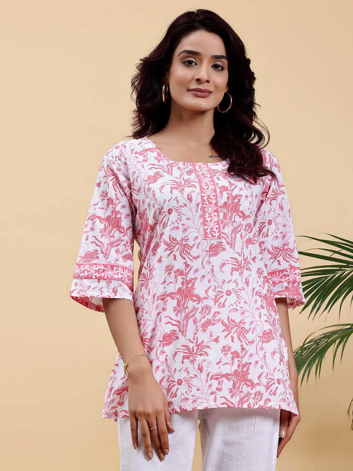 White Printed Cotton Straight Kurti