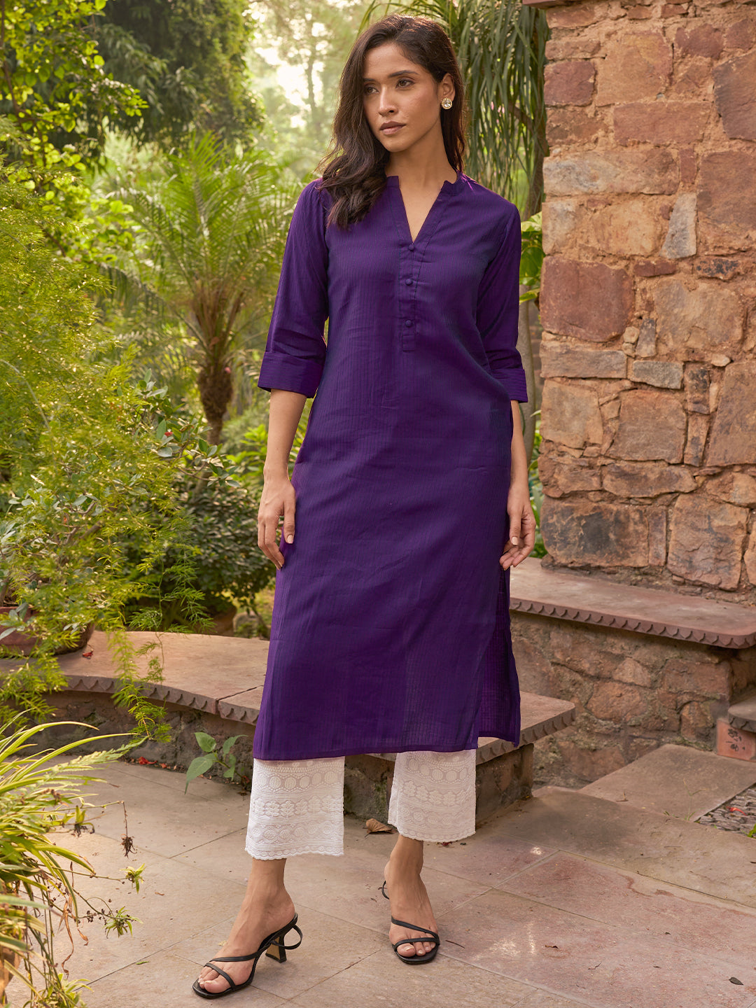 Buy Libas Purple Woven Design Silk Straight Kurta Online in United States at $28.00