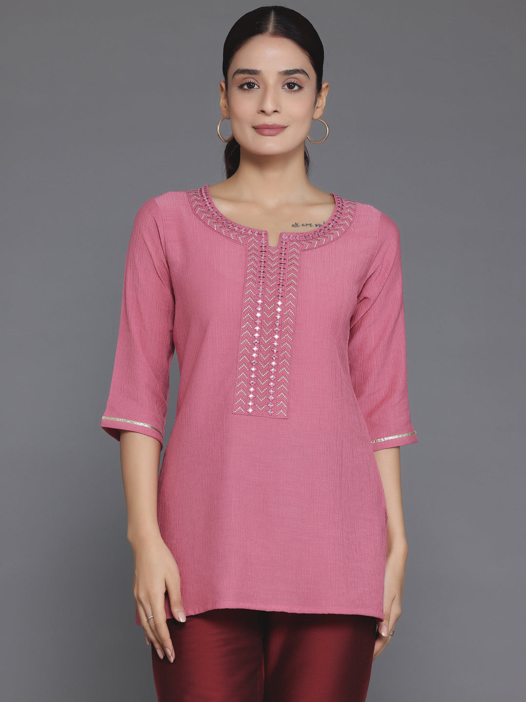 Pink Woven Design Cotton Blend Straight Kurti