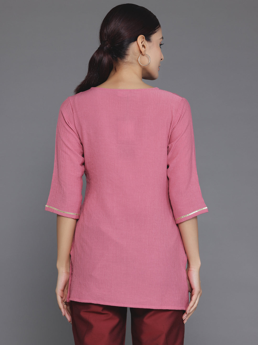 Pink Woven Design Cotton Blend Straight Kurti