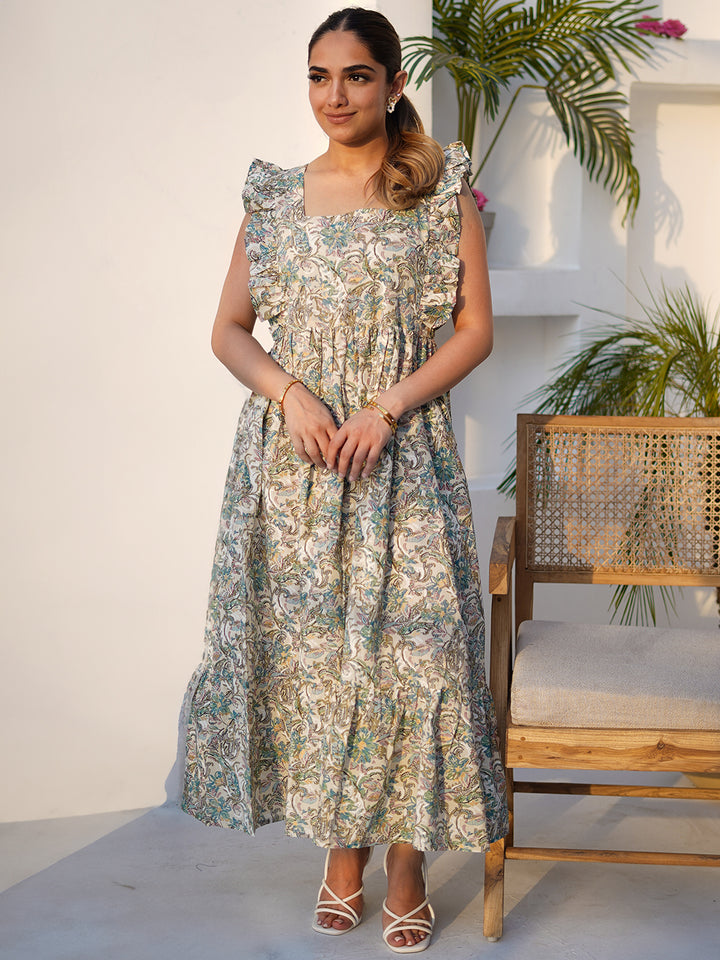 White Printed Cotton Fit and Flare Dress