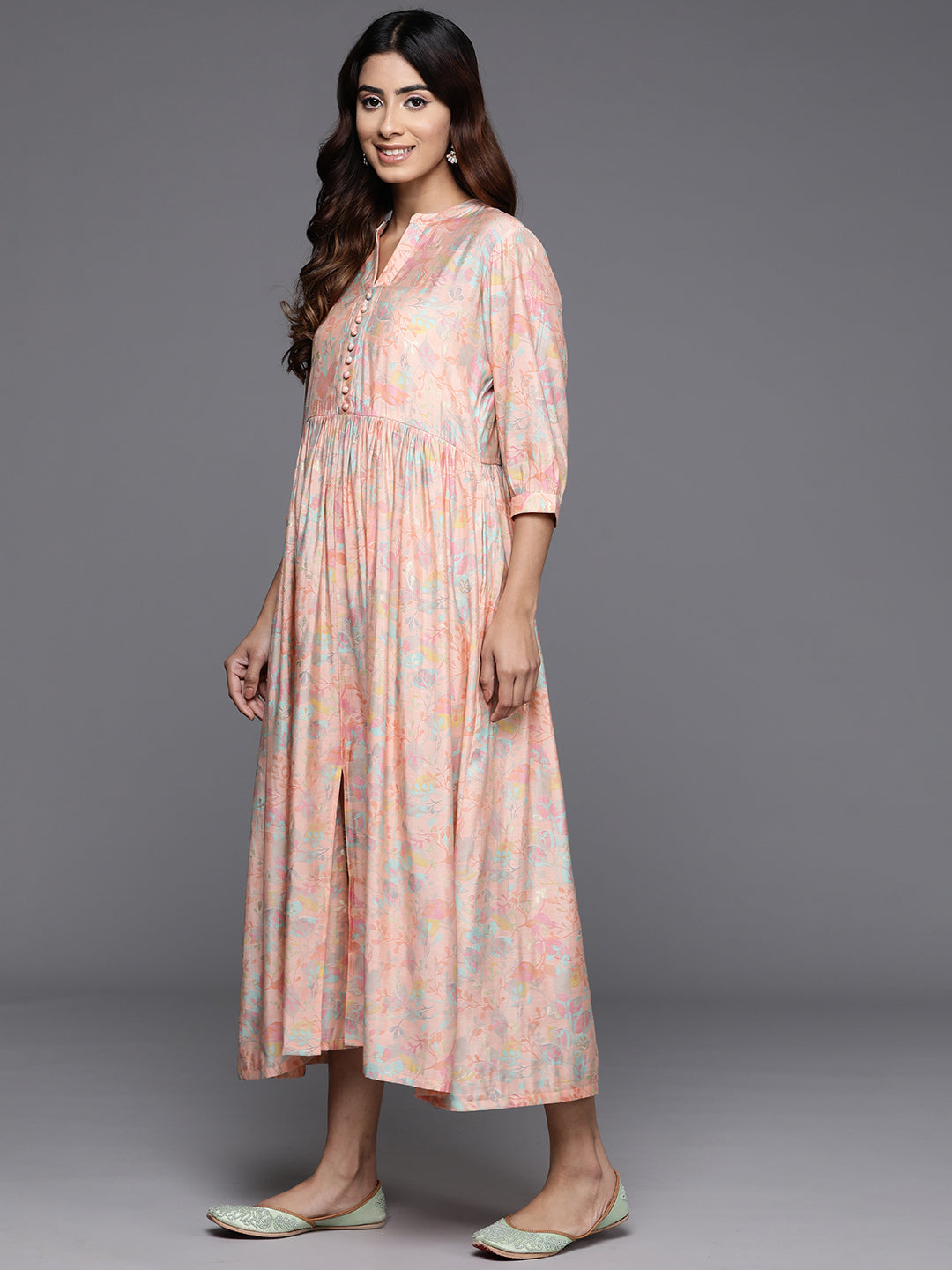 Peach Printed Silk Fit and Flare Dress