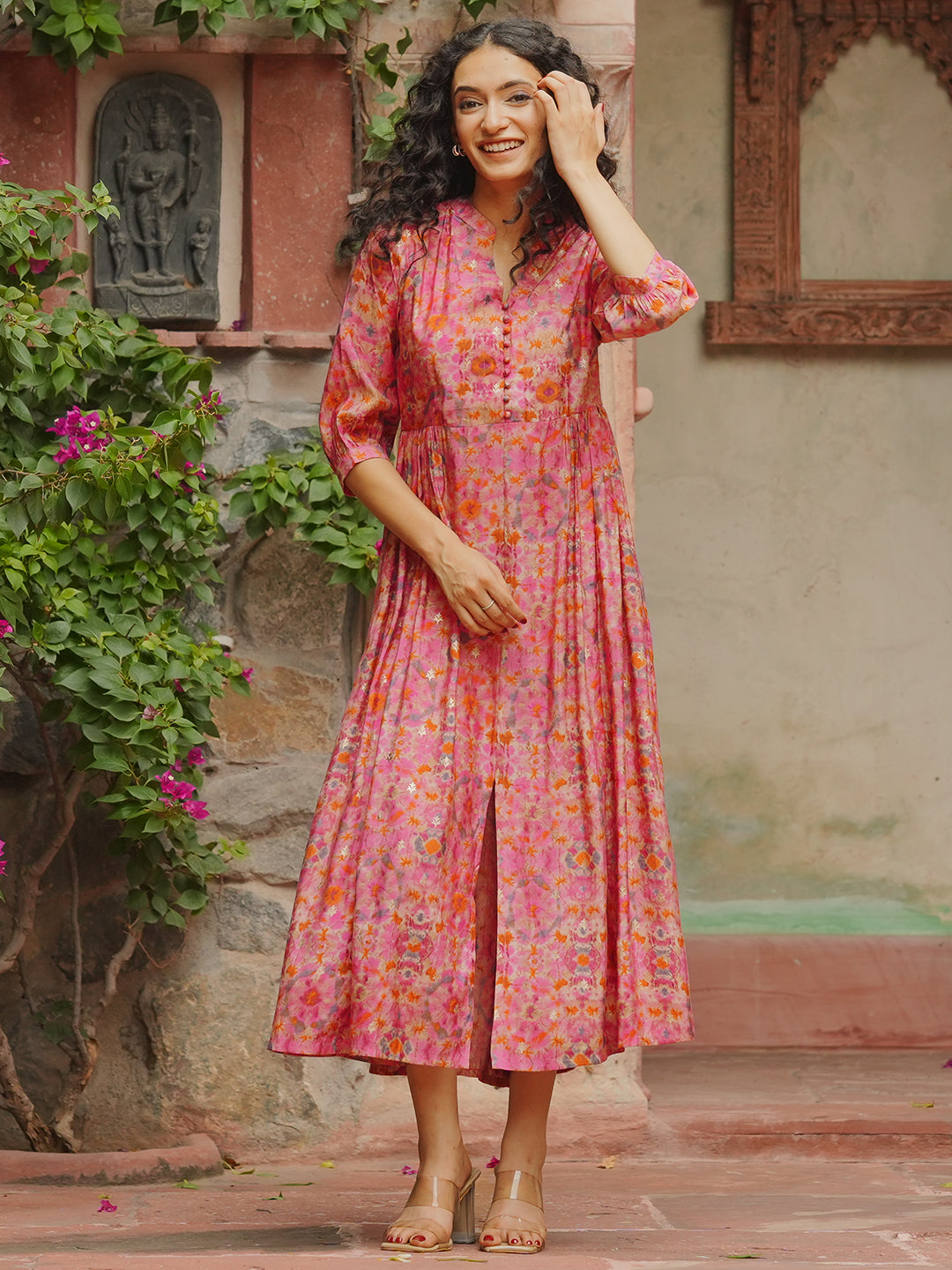 Buy Pink Printed Silk Fit and Flare Dress Online in USA at $28.00