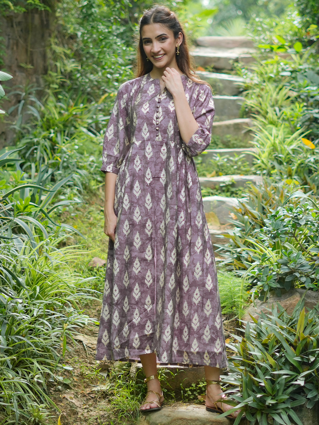 Mauve Printed Silk Fit and Flare Dress S Mauve Printed Silk Fit and Flare Dress S