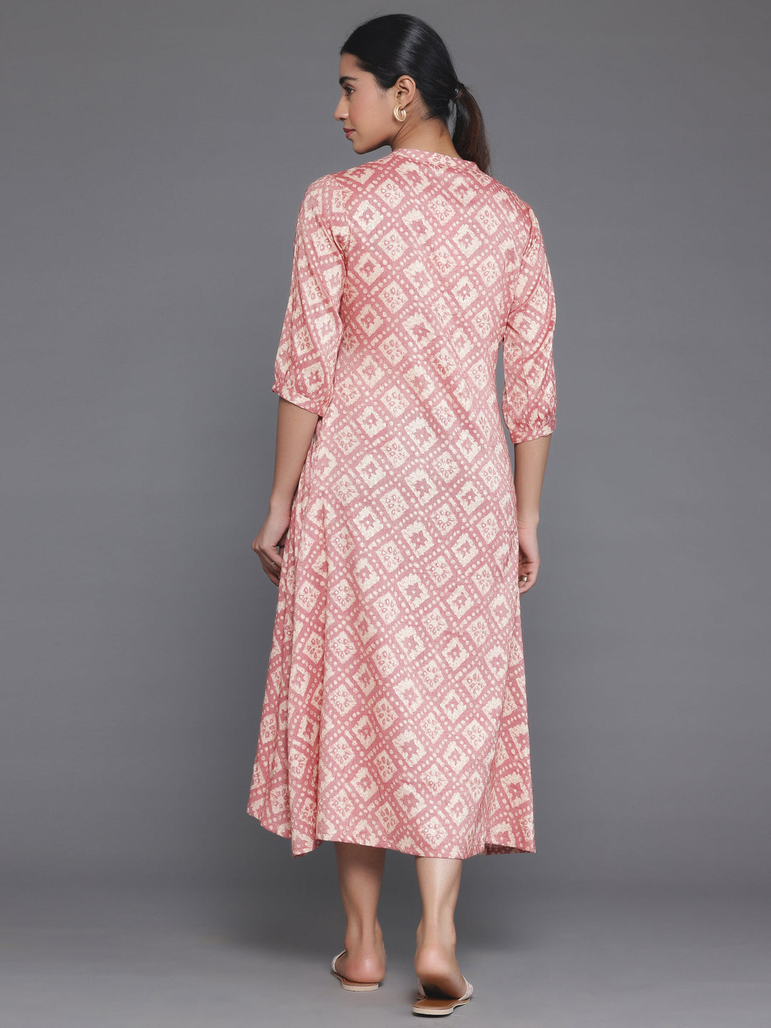 Peach Printed Silk A-Line Dress