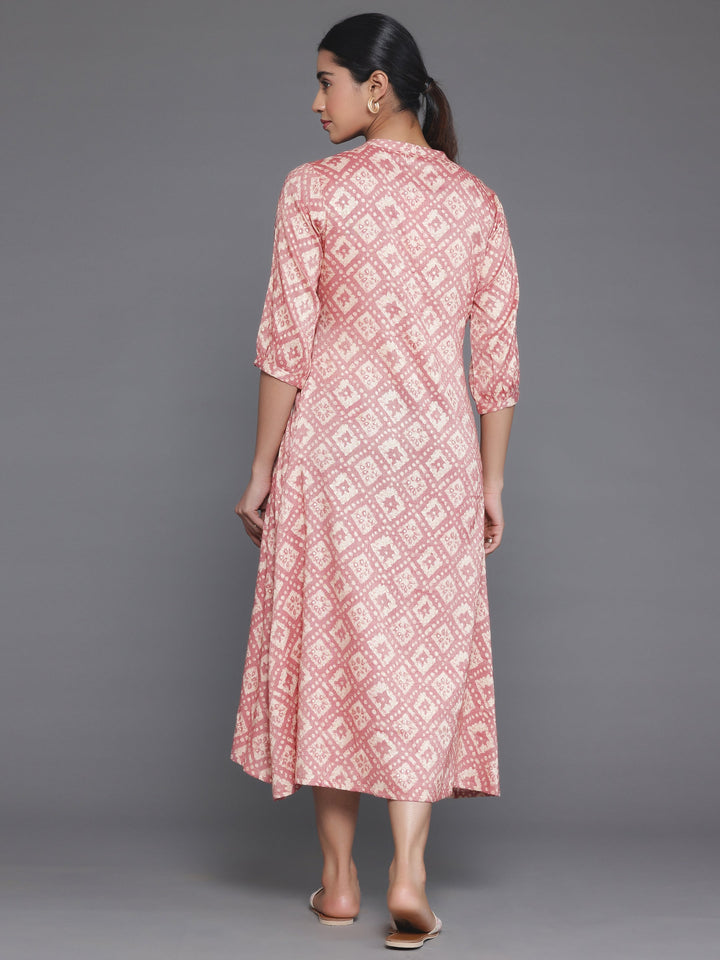 Peach Printed Silk A-Line Dress