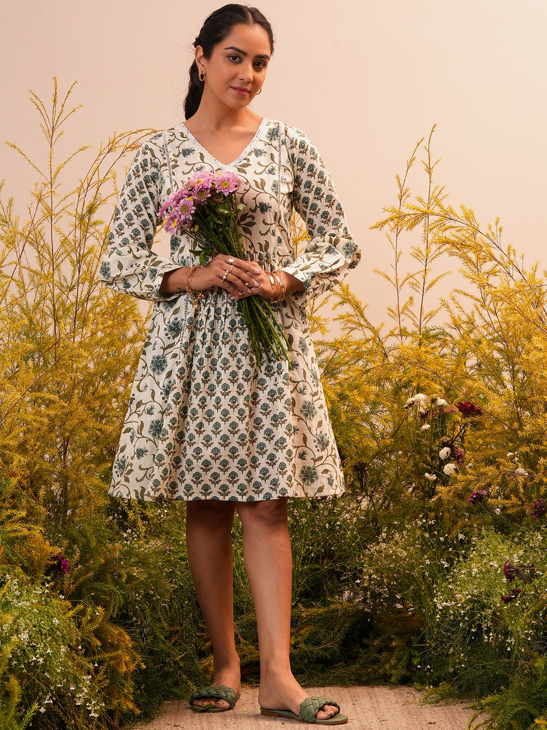Gerua Beige Printed Cotton A-Line Dress