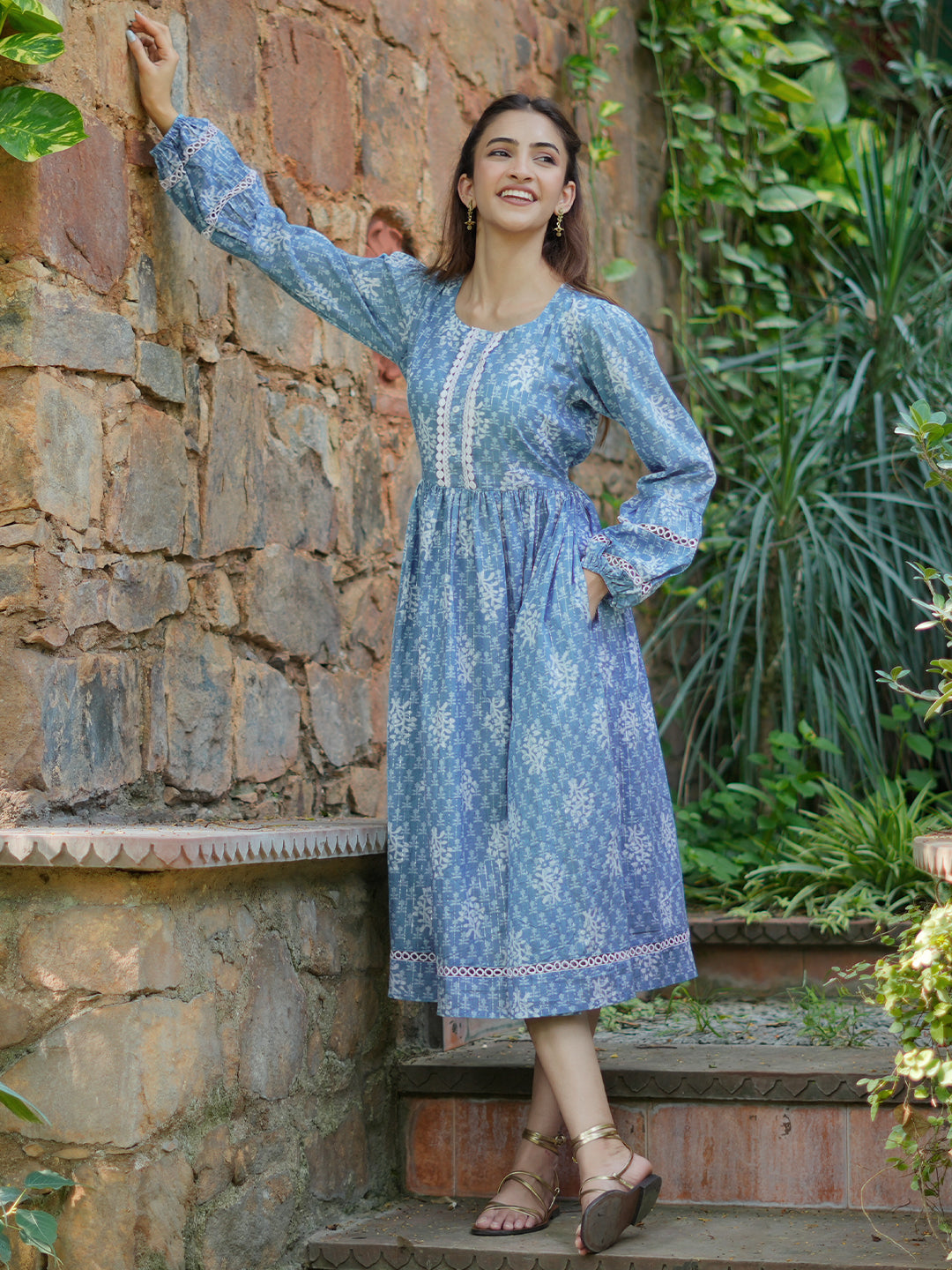Buy Blue Printed Cotton Fit and Flare Dress Online at $28.00