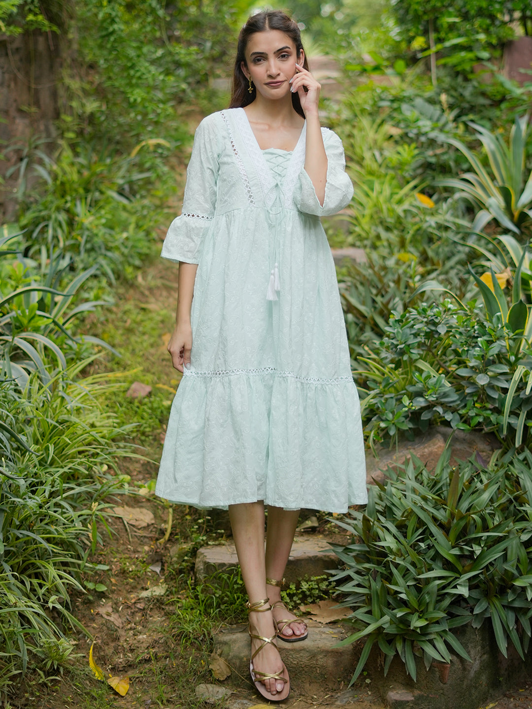 Sea Green Embroidered Cotton Fit and Flare Dress Sea Green Embroidered Cotton Fit and Flare Dress
