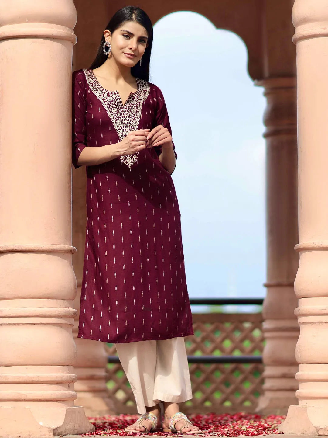 Maroon Woven Design Cotton Straight Kurta1