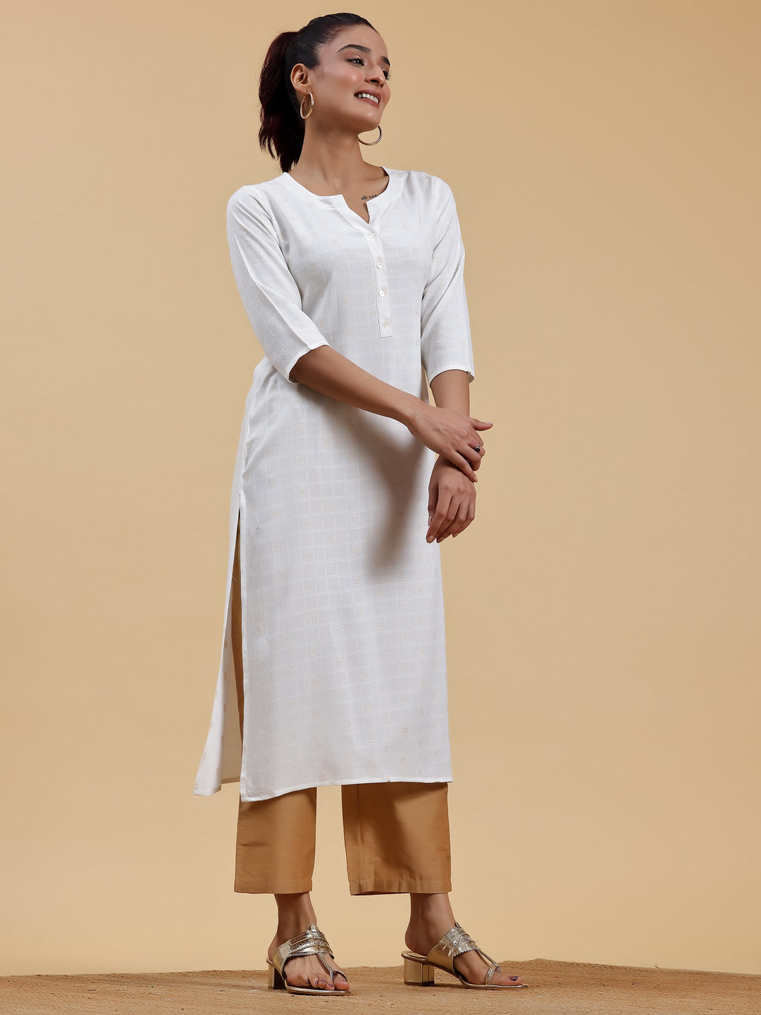 Cream Woven Design Rayon Straight Kurta