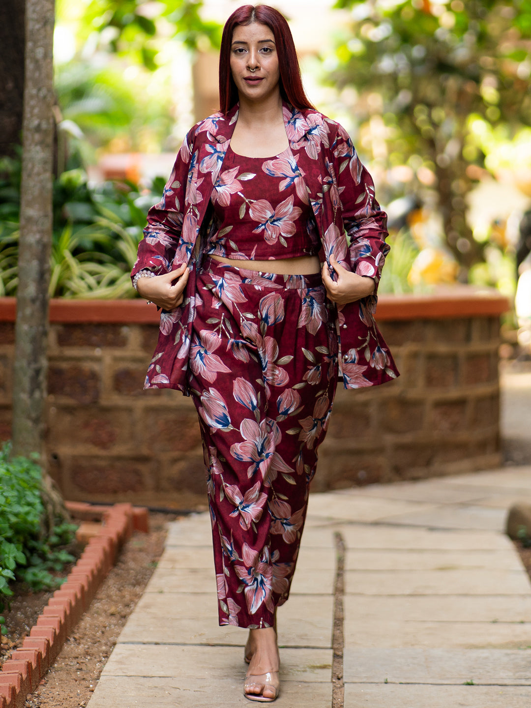 Maroon Printed Silk Blend 3 Piece Co-Ords