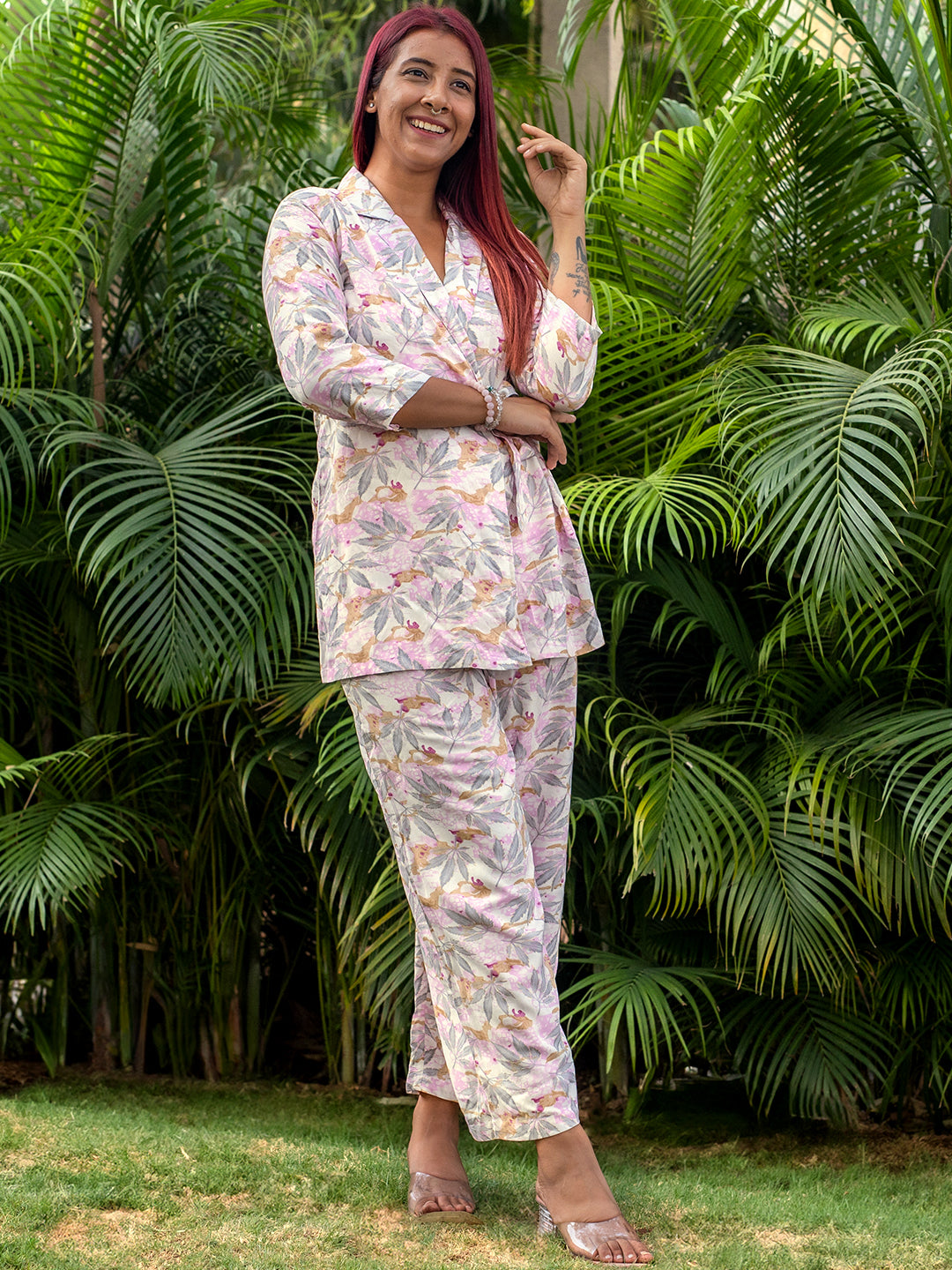Off White Printed Silk Blend Co-Ords