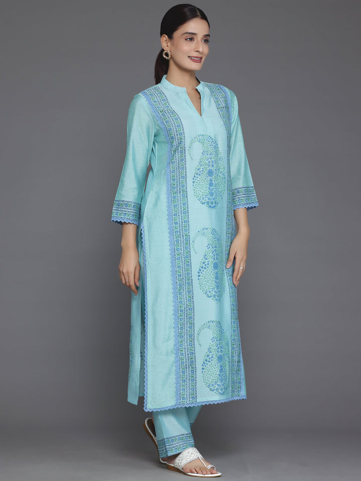 Blue Printed Silk Blend Straight Suit With Dupatta