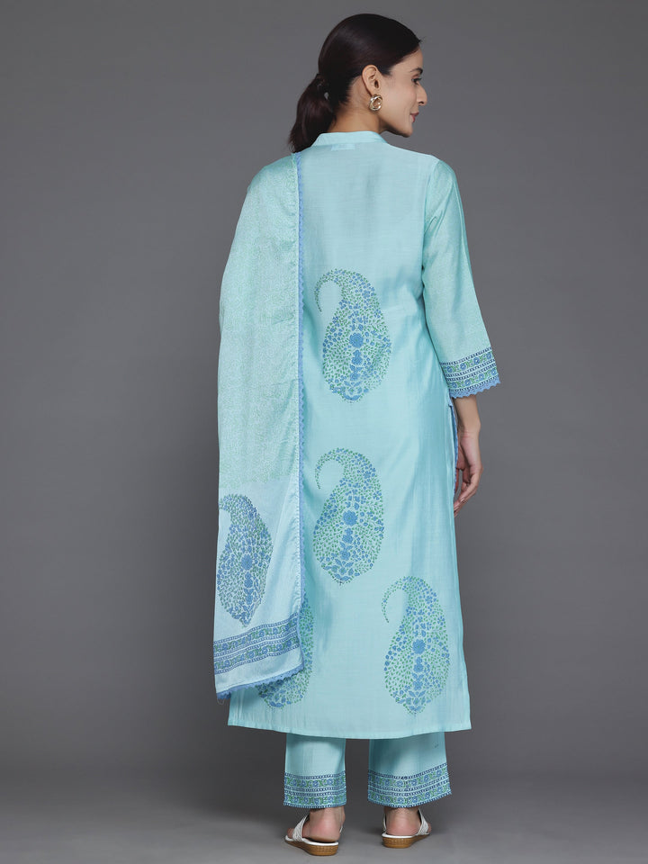 Blue Printed Silk Blend Straight Suit With Dupatta