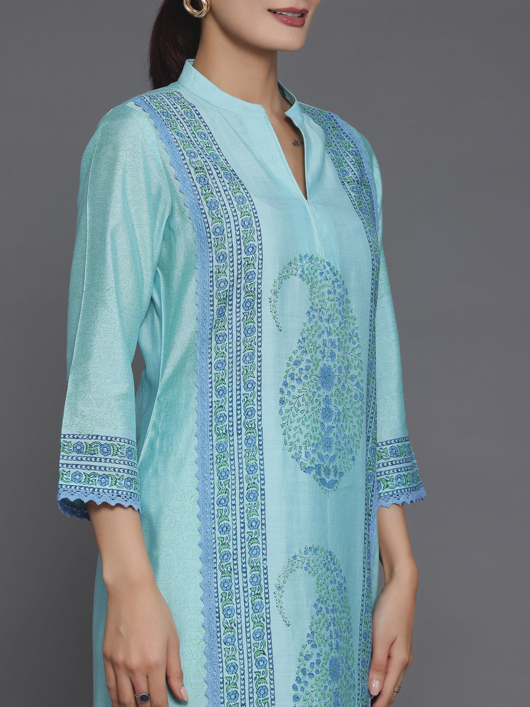 Blue Printed Silk Blend Straight Suit With Dupatta