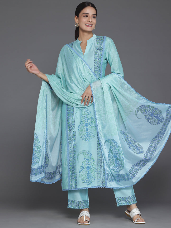 Blue Printed Silk Blend Straight Suit With Dupatta