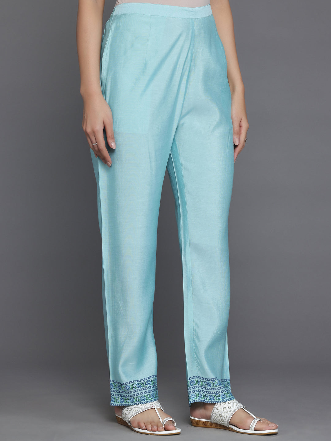 Blue Printed Silk Blend Straight Suit With Dupatta