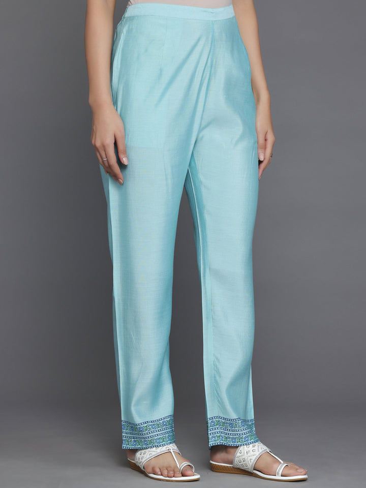 Blue Printed Silk Blend Straight Suit With Dupatta