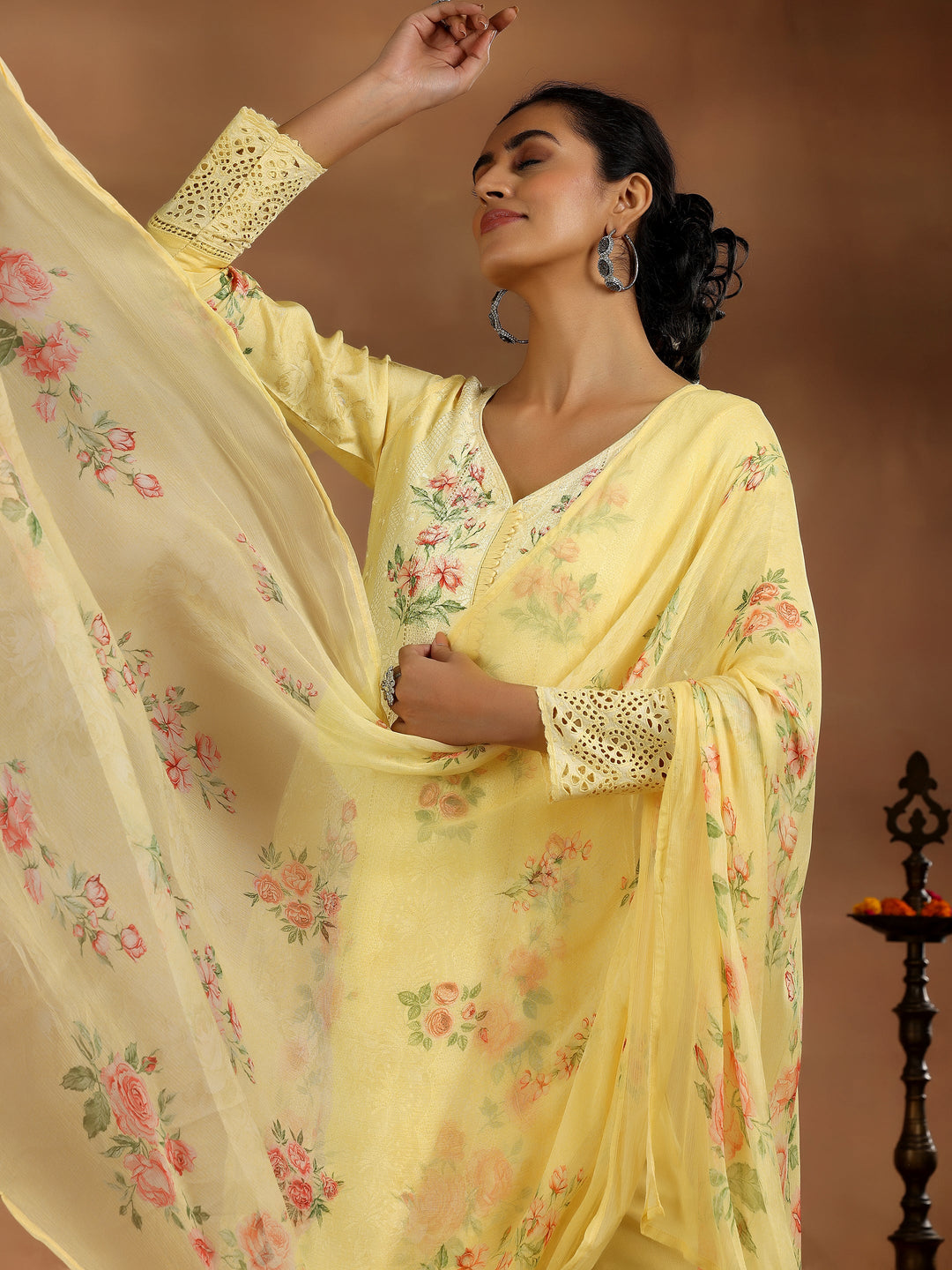 Yellow Printed Silk Blend Straight Suit With Dupatta