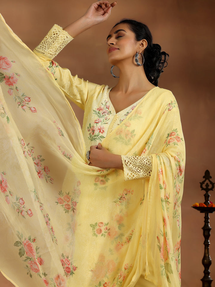 Yellow Printed Silk Blend Straight Suit With Dupatta