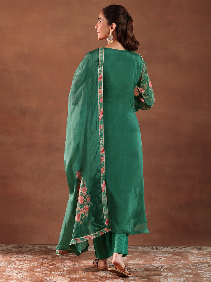 Green Printed Silk Chiffon Straight Suit With Dupatta