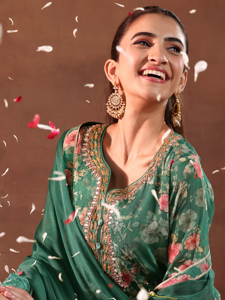 Green Printed Silk Chiffon Straight Suit With Dupatta