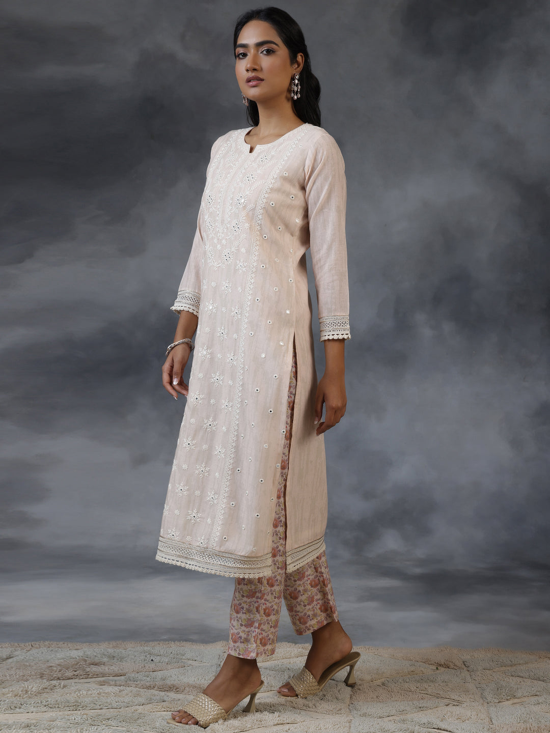 Peach Printed Cotton Straight Suit With Dupatta