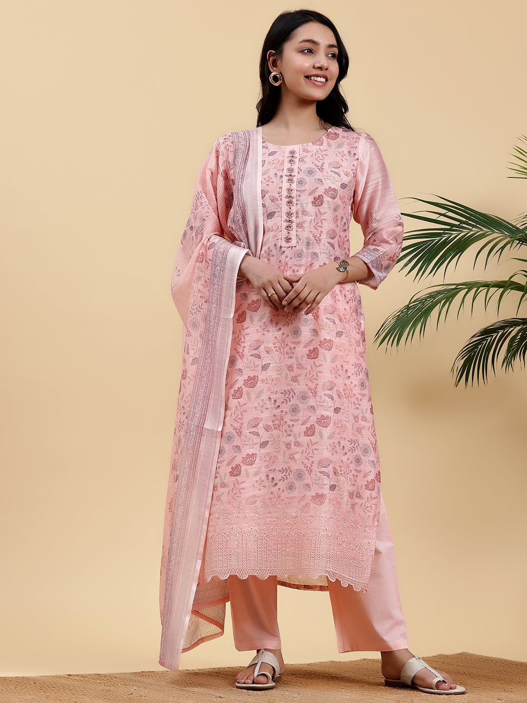Peach Printed Chanderi Silk Straight Suit With Dupatta