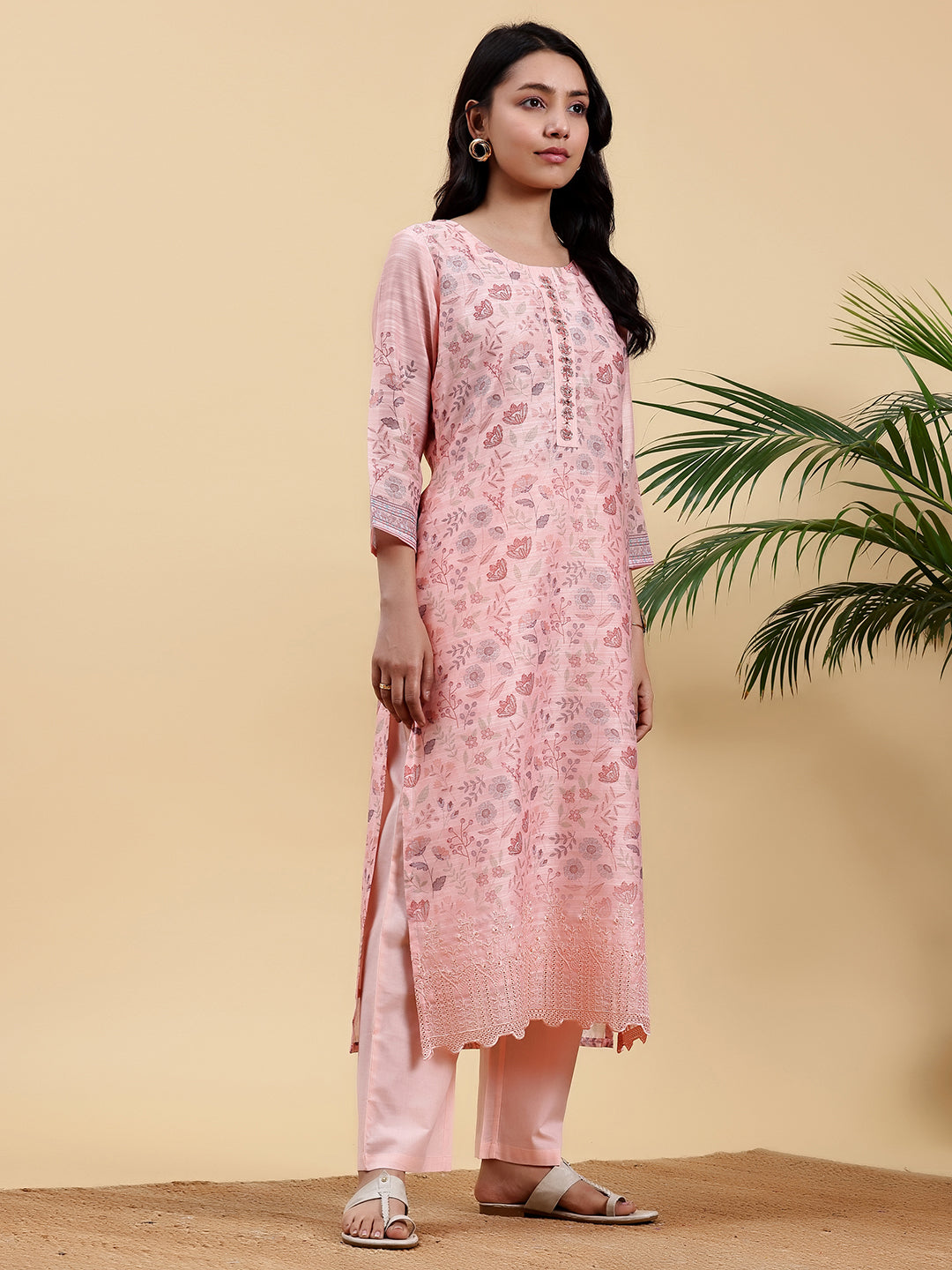 Peach Printed Chanderi Silk Straight Suit With Dupatta